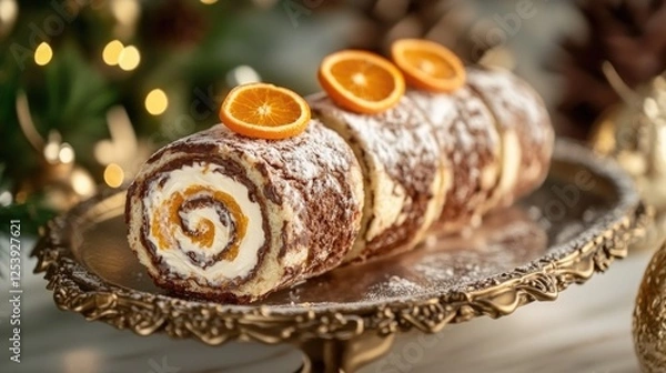 Obraz A moist and delicious cake roll topped with vibrant orange slices, perfect for a breakfast or brunch treat