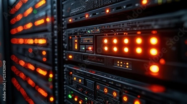 Fototapeta Server room, data center, glowing lights, network, technology