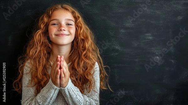 Obraz Smiling Red-Haired Girl with Hands Clasped in Front of Chalkboard