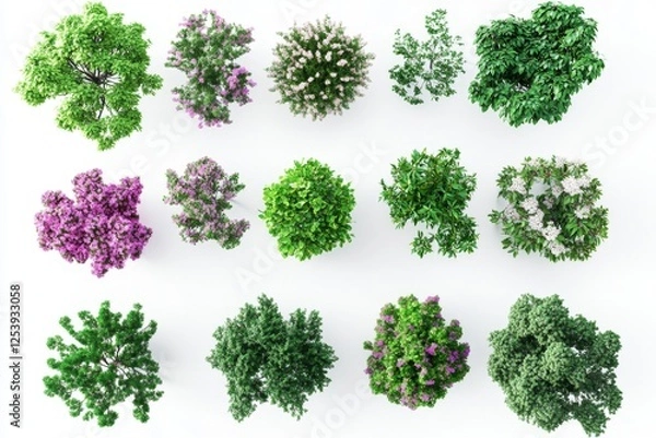 Fototapeta Overhead view of various trees, shrubs, and flowers, isolated on white background.  Design element for landscaping