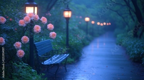 Fototapeta Serene Evening Stroll: A Misty Path Illuminated by Lanterns and Roses