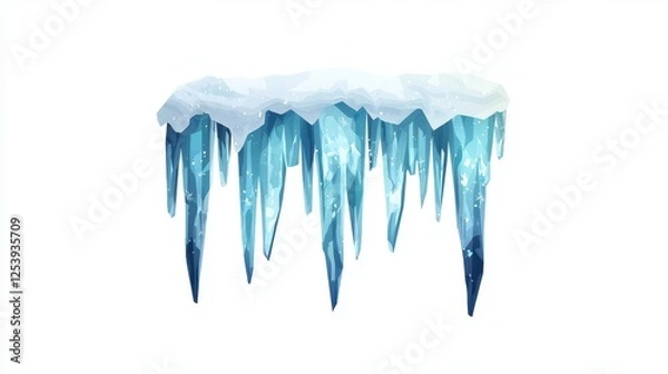 Fototapeta A vibrant illustration of icicles hanging from a snow-covered ledge, showcasing shades of blue and white against a plain background.