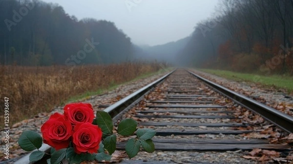 Fototapeta A Bouquet of Red Roses on a Misty Railroad Track