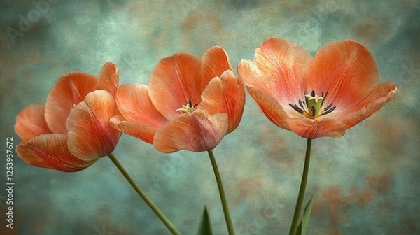 Fototapeta Three Peach Tulips on a Textured Background: A Still Life Masterpiece