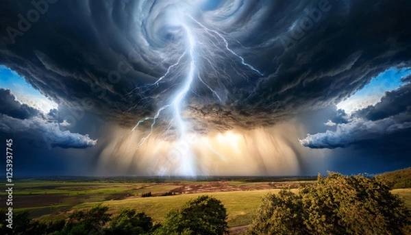 Fototapeta the wrath of god dramatic lightning typhoon in an ominous sky stormy clouds virtual illustration