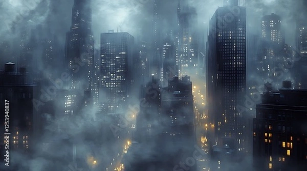 Fototapeta Urban Fog Creating Moody Scene with Streetlight Glow