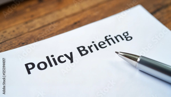 Fototapeta Policy briefing document on wooden table

