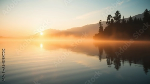 Fototapeta A serene lake reflects the golden sunrise, with mist hovering over the water and mountains in the background, creating a peaceful atmosphere.