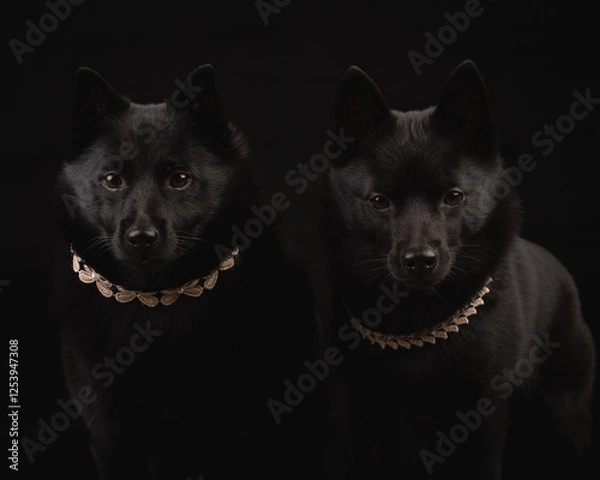 Obraz two black dogs on black background