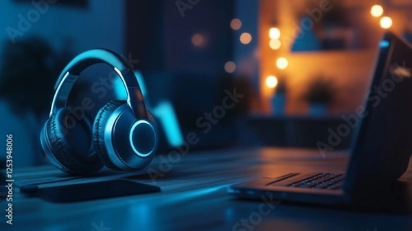 Fototapeta Laptop and Headphones Concept with Copy Space on Air