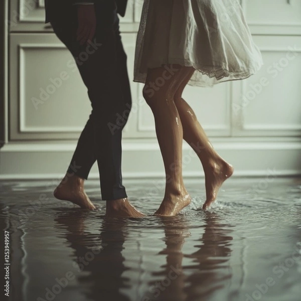 Fototapeta Two people dance elegantly on a polished floor, their bare feet moving gracefully, capturing a moment of intimate connection and joyful movement.