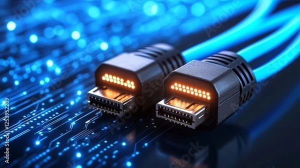 Fototapeta Two HDMI cables connected, glowing with blue lights against a circuit board background, symbolizing high-speed data transfer and technology.