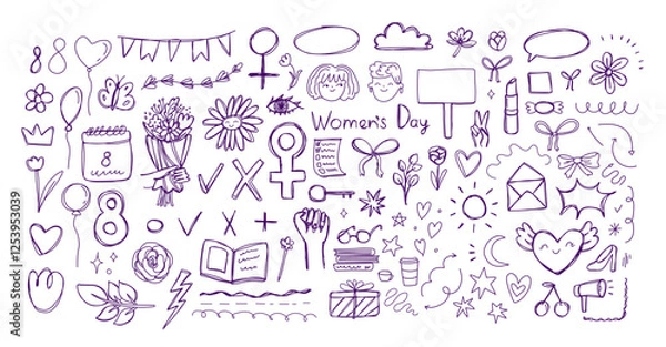 Fototapeta Blue ballpen scribble Women's Day art collection. Simple scratch squiggle lines set. Hand drawn marks, underline strokes, doodles and arrows. Grunge marker stroke
