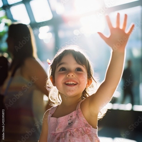 Fototapeta A joyful girl in a pink dress waves exuberantly, surrounded by soft sunlight filtering through large windows, creating a playful and warm scene.
