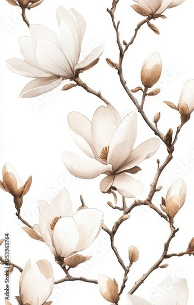 Fototapeta Delicate magnolia blossoms on branches,  white and beige,  floral pattern.  Possible use wallpaper, fabric design