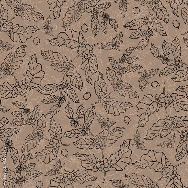 Fototapeta A seamless pattern featuring hand-drawn coffee plant branches, beans, and flowers on a brown background, ideal for packaging, textiles, and wallpapers.