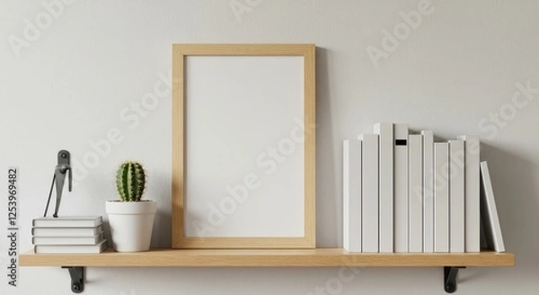 Fototapeta A cozy shelf display featuring a blank wooden picture frame in the center surrounded by books