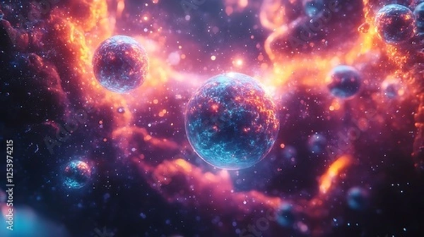 Fototapeta A scientific concept artwork showcasing atomic structures in a colorful floating state