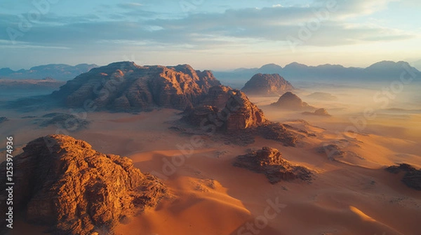 Fototapeta Aerial drone view of rocky desert landscape with towering red sandstone formations.