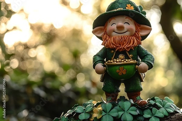 Fototapeta Leprechaun standing on shamrocks with pot of gold