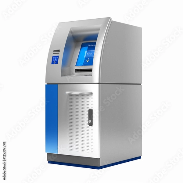 Fototapeta ATM Bank Cash Machine without shadow isolated on white 3d