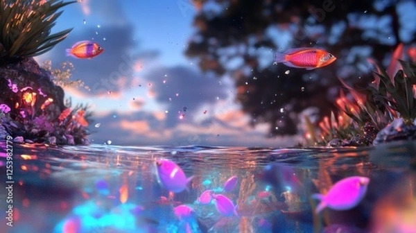 Fototapeta Neon Abyss, a vibrant underwater world filled with luminous sea creatures gliding through a surreal ocean of glowing waves
