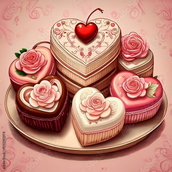 Obraz heart shaped cakes with roses cream