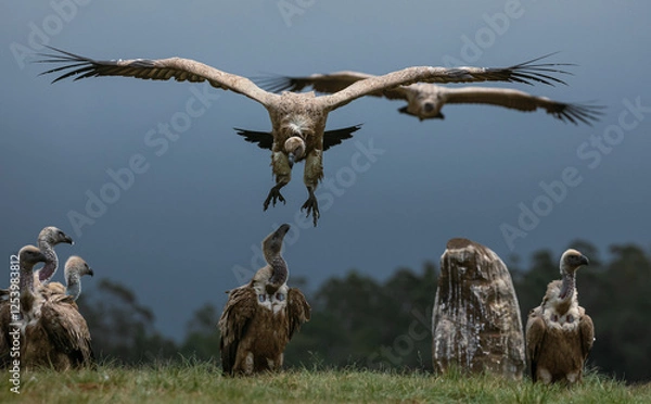 Obraz Two cape vultures coming in to land with a number of cape vultures on the ground looking up