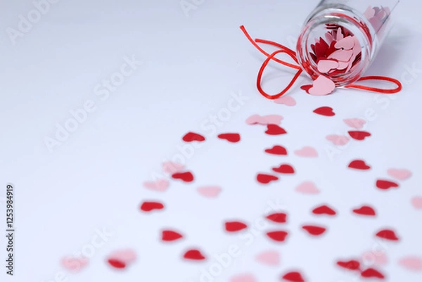 Obraz Valentine's Day. Background with a bottle from which paper hearts flow.