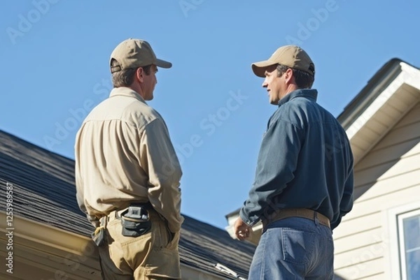 Obraz Roofer discusses repair options and costs with homeowner in a sunny outdoor setting