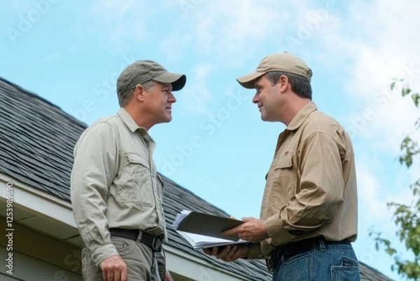 Obraz Roofer discusses repair options and costs with homeowner in a sunny outdoor setting