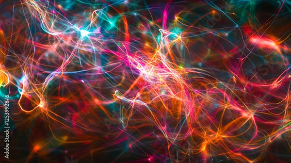 Fototapeta Abstract neural network: neon connections & conscious firing neurons - long exposure stock photo. Neural Network Consciousness. Illustration