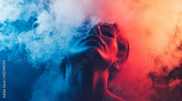Fototapeta Abstract portrait of a person enveloped in red and blue smoke