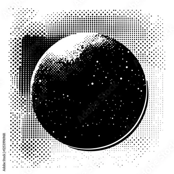 Fototapeta black and white vector of a planet in space with halftone background and glowing star field