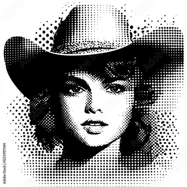 Fototapeta vintage cowgirl portrait vector with hat in black and white halftone style, retro illustration