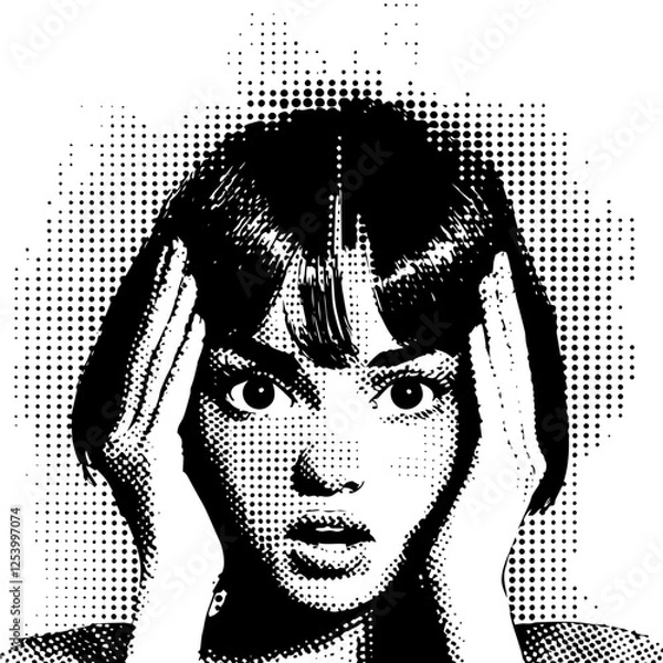 Fototapeta halftone vector of surprised woman with wide eyes and hands on face in retro pop art style