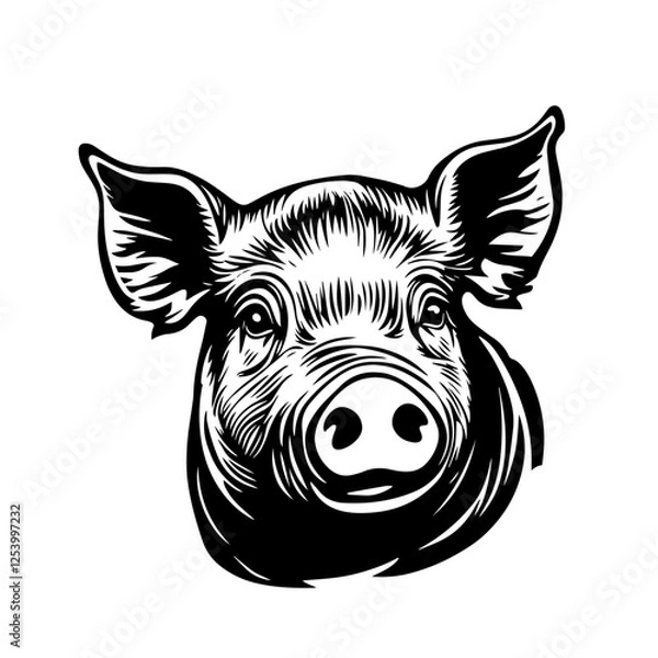 Fototapeta black and white pig head vector in vintage engraved style with textured fur lines
