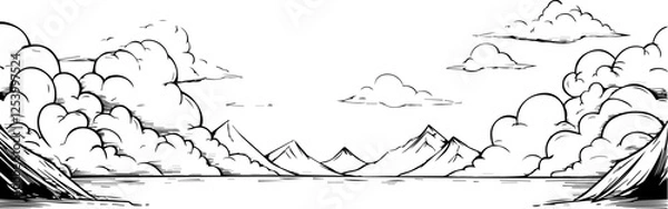 Fototapeta vector landscape with lake, mountains and clouds in sketch style, black and white scene