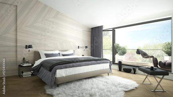 Obraz Renderowania 3D nowoczesnej luksusowej sypialni z balkonem