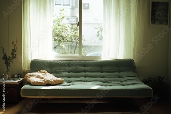 Fototapeta A sunlit room with a green couch near a window with flowing curtains, casting gentle shadows, complemented by a soft pillow enhancing comfort and coziness.