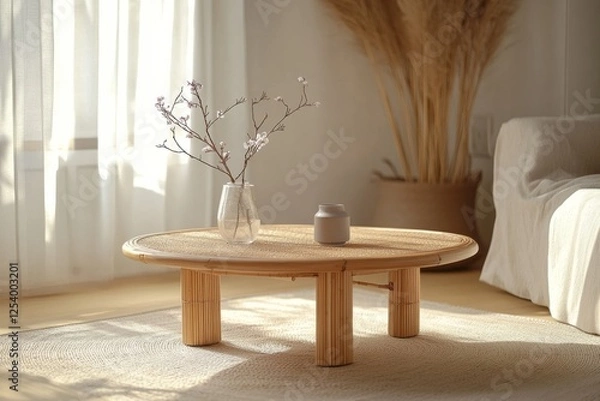 Fototapeta Sunlit minimal room with a round wooden table holding a delicate vase, capturing tranquility and simple elegance.