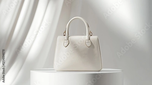 Fototapeta Elegant white handbag displayed on a clean pedestal against soft draped fabric background for fashion photography : Generative AI
