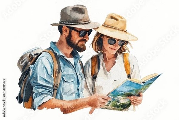 Fototapeta A couple enjoys exploring outdoors, studying a map while dressed for adventure, featuring backpacks, hats, and sunglasses.