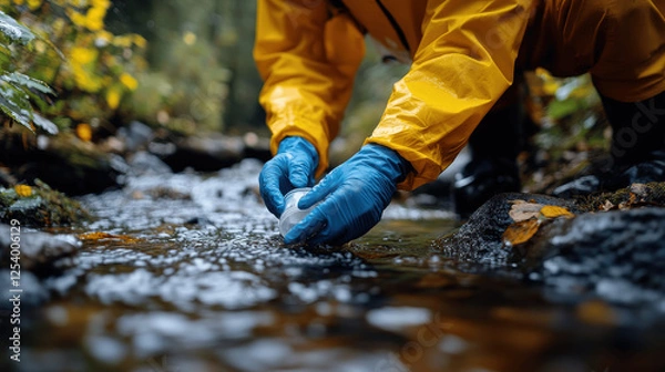 Fototapeta Person wearing yellow rain gear collects water sample from stream in a forested area during autumn