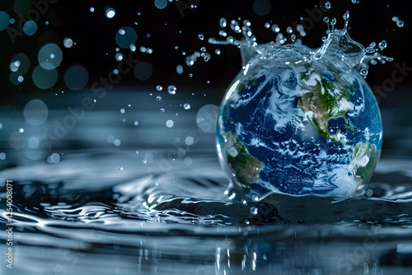 Fototapeta Planet Earth splashing into water, symbolizing the importance of water conservation and global environmental awareness. Ideal for themes related to World Water Day or sustainability