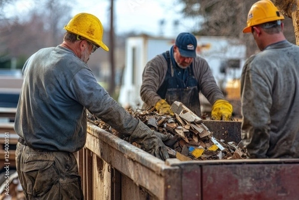 Obraz Workers responsibly disposing of old roofing materials into a dumpster at a construction site