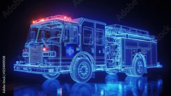 Fototapeta Digital Wireframe Firetruck: Emergency Vehicle in Neon Blue