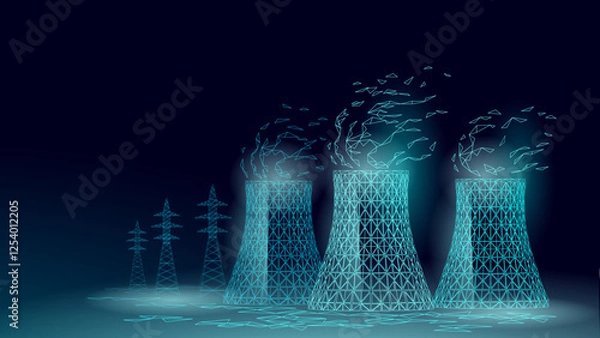 Obraz Nuclear power plant, low-poly illustration. Three cooling towers emit vapor. Electricity generation, energy industry. Cyan wireframe design, dark background, low angle shot