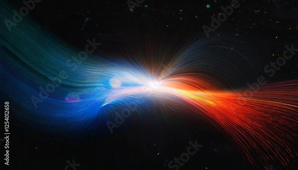 Fototapeta glitch distortion old film analog noise orange blue white rainbow color light flare dust scratches on dark black illustration abstract background