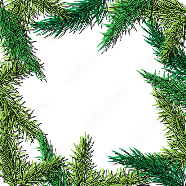 Fototapeta Fir tree hand drawn vector frame for winter and holiday decor. B